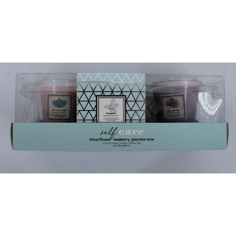 Self Care Votive Candle Set 3pc Lotus Flower Teaberry Jasmine Vine Soy Scented